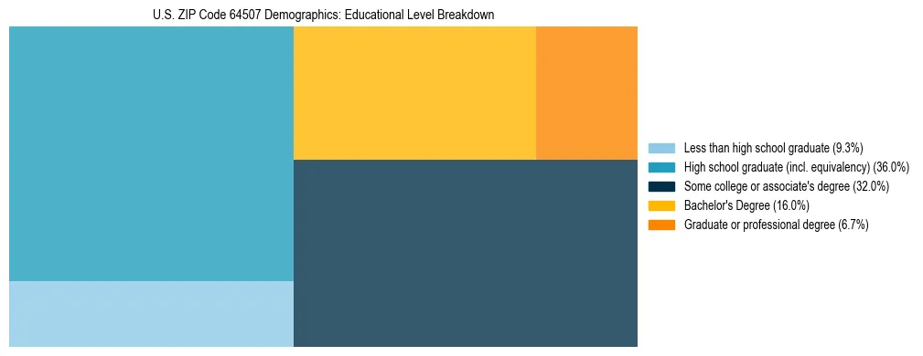 Treemap chart illustrating the educational attainment breakdown for population 25 years and over in US ZIP Code 64507.