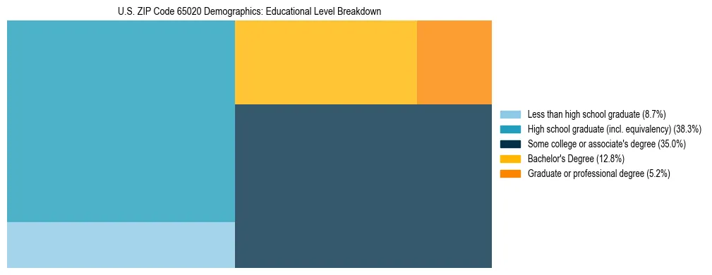 Treemap chart illustrating the educational attainment breakdown for population 25 years and over in US ZIP Code 65020.