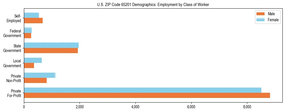 Horizontal bar chart showing employment distribution by class of worker and gender in US ZIP Code 65201, based on 2023 ACS data.