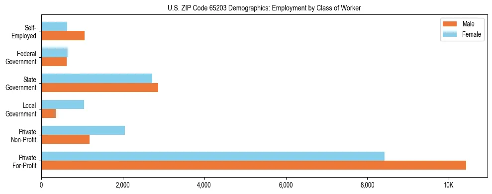 Horizontal bar chart showing employment distribution by class of worker and gender in US ZIP Code 65203, based on 2023 ACS data.