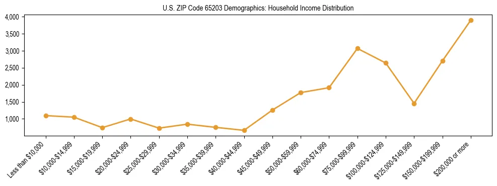 Horizontal bar chart showing household income distribution in US ZIP Code 65203.