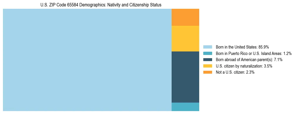 Treemap showing the population distribution by nativity and citizenship status in US ZIP Code 65584 based on U.S. Census data.
