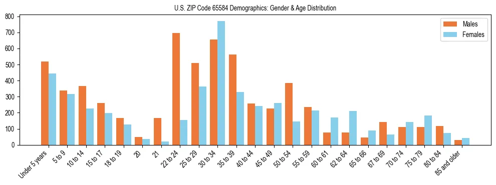 Bar chart showing the population distribution of US ZIP Code 65584 by age group and gender, based on 2023 ACS data.
