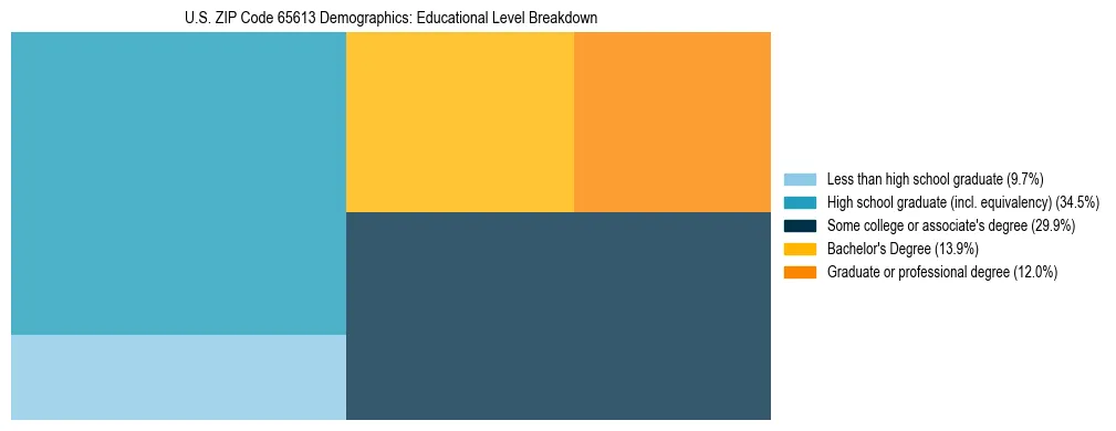 Treemap chart illustrating the educational attainment breakdown for population 25 years and over in US ZIP Code 65613.