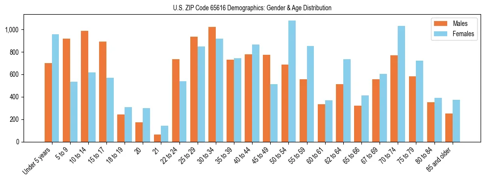 Bar chart showing the population distribution of US ZIP Code 65616 by age group and gender, based on 2023 ACS data.