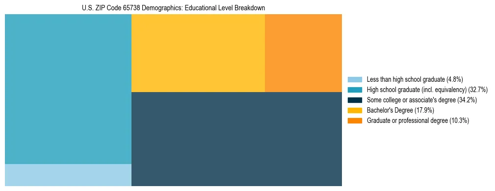 Treemap chart illustrating the educational attainment breakdown for population 25 years and over in US ZIP Code 65738.