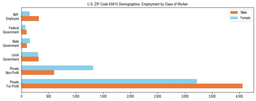 Horizontal bar chart showing employment distribution by class of worker and gender in US ZIP Code 65810, based on 2023 ACS data.