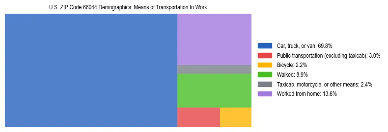 Treemap showing means of transportation to work distribution in US ZIP Code 66044.