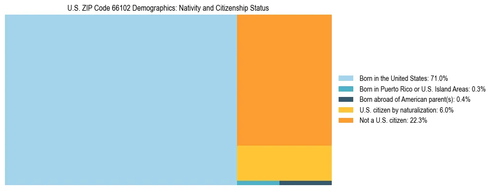 Treemap showing the population distribution by nativity and citizenship status in US ZIP Code 66102 based on U.S. Census data.