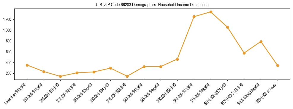 Horizontal bar chart showing household income distribution in US ZIP Code 66203.