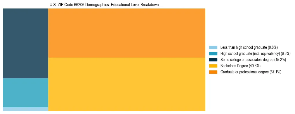 Treemap chart illustrating the educational attainment breakdown for population 25 years and over in US ZIP Code 66206.