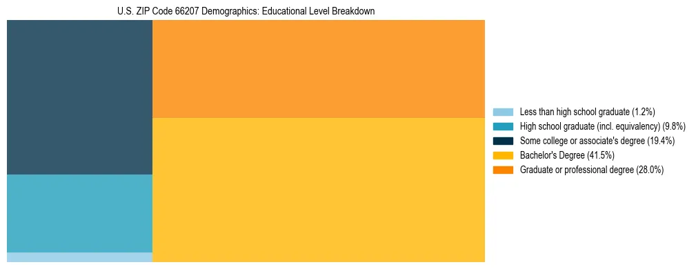 Treemap chart illustrating the educational attainment breakdown for population 25 years and over in US ZIP Code 66207.