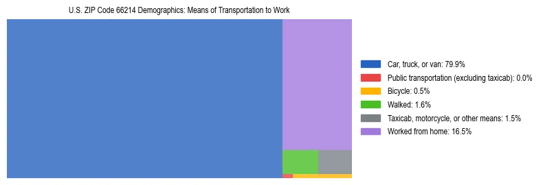 Treemap showing means of transportation to work distribution in US ZIP Code 66214.
