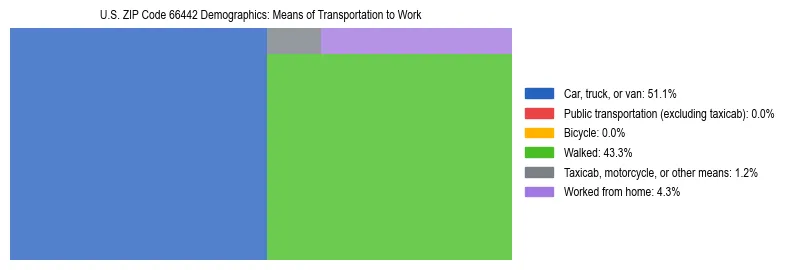 Treemap showing means of transportation to work distribution in US ZIP Code 66442.