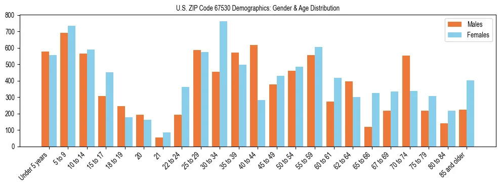 Bar chart showing the population distribution of US ZIP Code 67530 by age group and gender, based on 2023 ACS data.