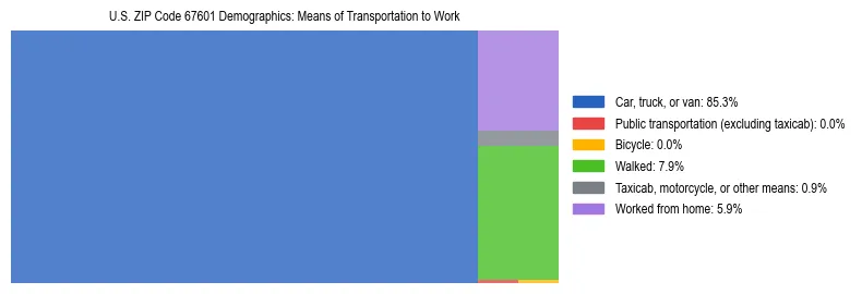 Treemap showing means of transportation to work distribution in US ZIP Code 67601.