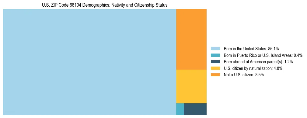 Treemap showing the population distribution by nativity and citizenship status in US ZIP Code 68104 based on U.S. Census data.