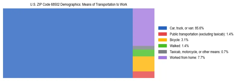 Treemap showing means of transportation to work distribution in US ZIP Code 68502.