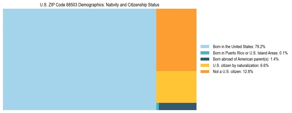 Treemap showing the population distribution by nativity and citizenship status in US ZIP Code 68503 based on U.S. Census data.