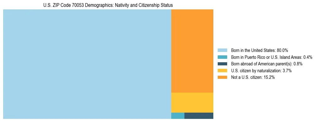 Treemap showing the population distribution by nativity and citizenship status in US ZIP Code 70053 based on U.S. Census data.