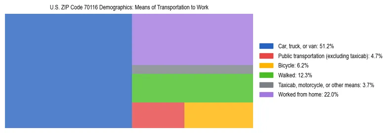 Treemap showing means of transportation to work distribution in US ZIP Code 70116.
