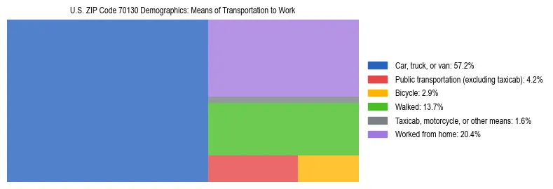 Treemap showing means of transportation to work distribution in US ZIP Code 70130.