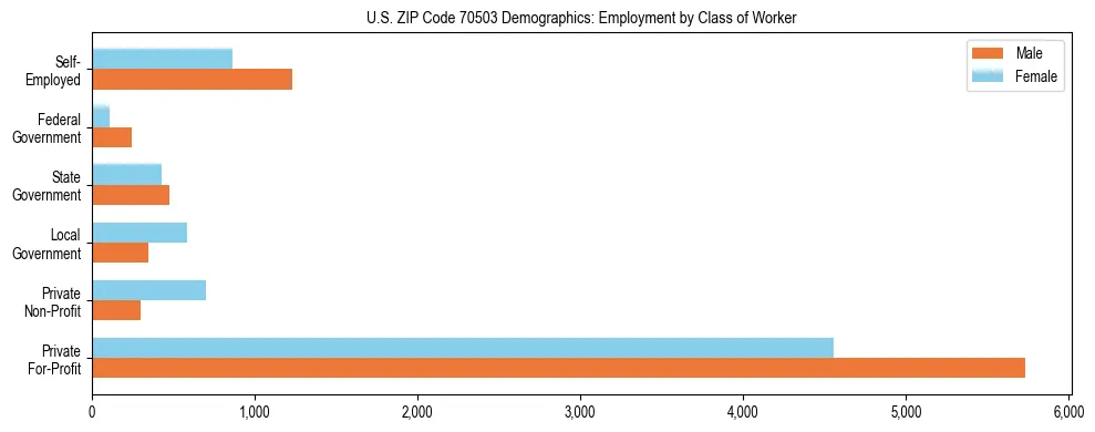 Horizontal bar chart showing employment distribution by class of worker and gender in US ZIP Code 70503, based on 2023 ACS data.