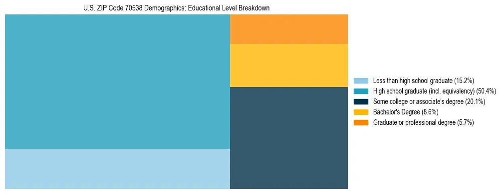 Treemap chart illustrating the educational attainment breakdown for population 25 years and over in US ZIP Code 70538.