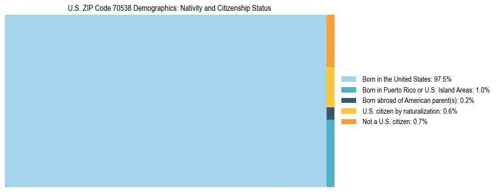 Treemap showing the population distribution by nativity and citizenship status in US ZIP Code 70538 based on U.S. Census data.