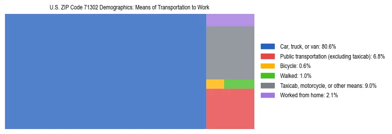 Treemap showing means of transportation to work distribution in US ZIP Code 71302.