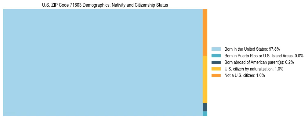 Treemap showing the population distribution by nativity and citizenship status in US ZIP Code 71603 based on U.S. Census data.