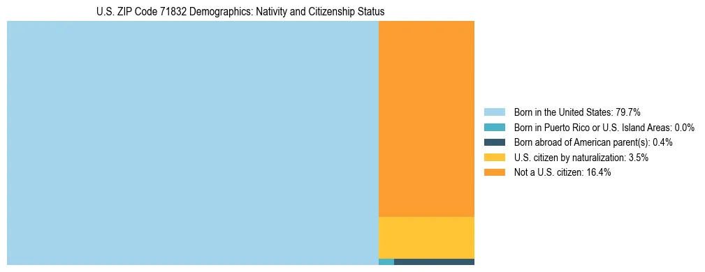Treemap showing the population distribution by nativity and citizenship status in US ZIP Code 71832 based on U.S. Census data.