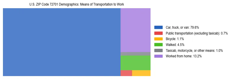 Treemap showing means of transportation to work distribution in US ZIP Code 72701.