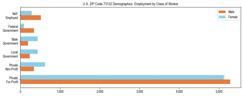 Horizontal bar chart showing employment distribution by class of worker and gender in US ZIP Code 73132, based on 2023 ACS data.