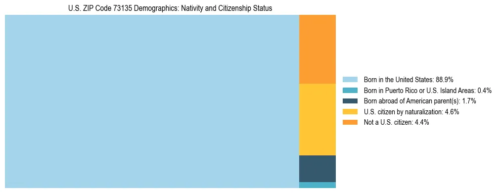 Treemap showing the population distribution by nativity and citizenship status in US ZIP Code 73135 based on U.S. Census data.