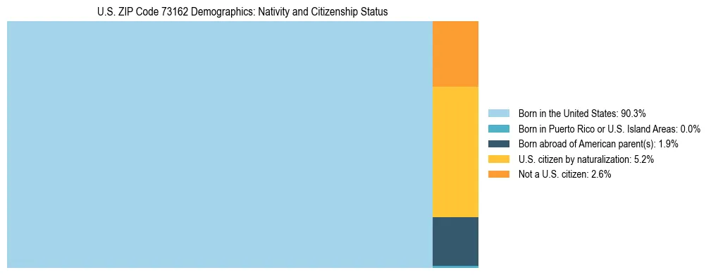 Treemap showing the population distribution by nativity and citizenship status in US ZIP Code 73162 based on U.S. Census data.