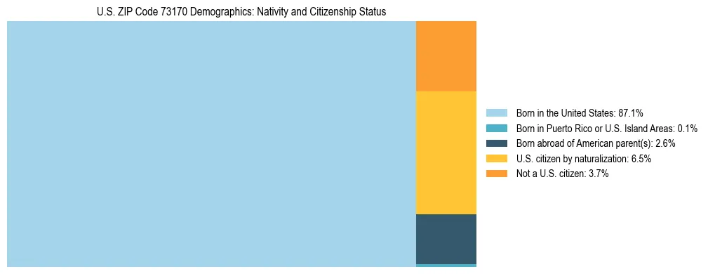 Treemap showing the population distribution by nativity and citizenship status in US ZIP Code 73170 based on U.S. Census data.