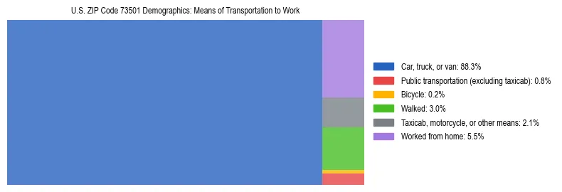 Treemap showing means of transportation to work distribution in US ZIP Code 73501.