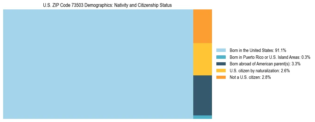 Treemap showing the population distribution by nativity and citizenship status in US ZIP Code 73503 based on U.S. Census data.