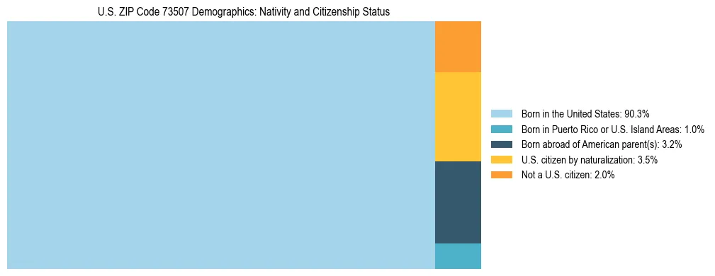 Treemap showing the population distribution by nativity and citizenship status in US ZIP Code 73507 based on U.S. Census data.