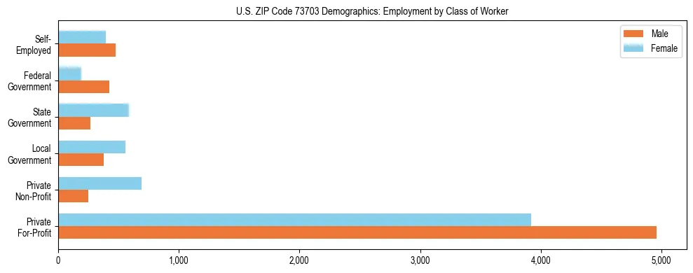 Horizontal bar chart showing employment distribution by class of worker and gender in US ZIP Code 73703, based on 2023 ACS data.