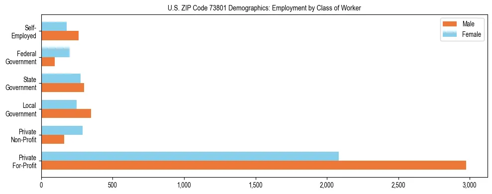 Horizontal bar chart showing employment distribution by class of worker and gender in US ZIP Code 73801, based on 2023 ACS data.