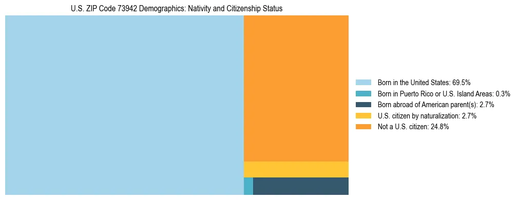 Treemap showing the population distribution by nativity and citizenship status in US ZIP Code 73942 based on U.S. Census data.