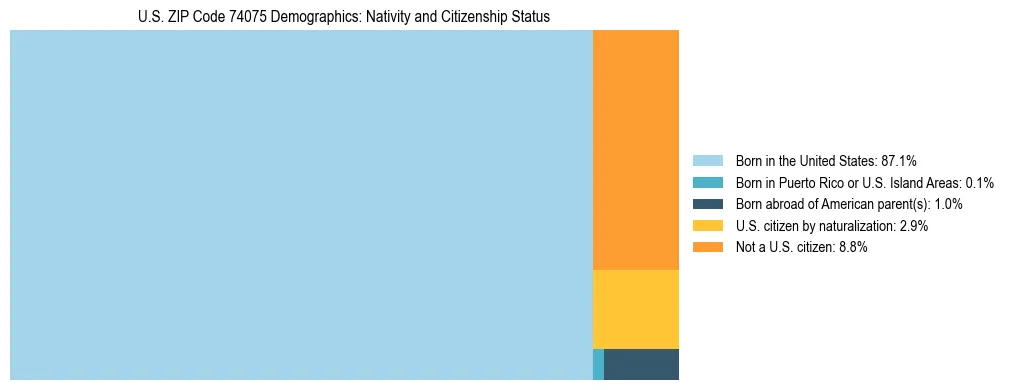 Treemap showing the population distribution by nativity and citizenship status in US ZIP Code 74075 based on U.S. Census data.