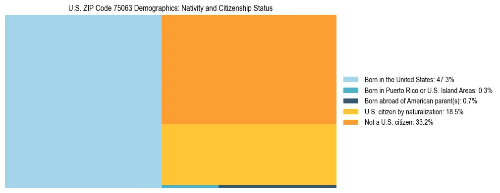 Treemap showing the population distribution by nativity and citizenship status in US ZIP Code 75063 based on U.S. Census data.