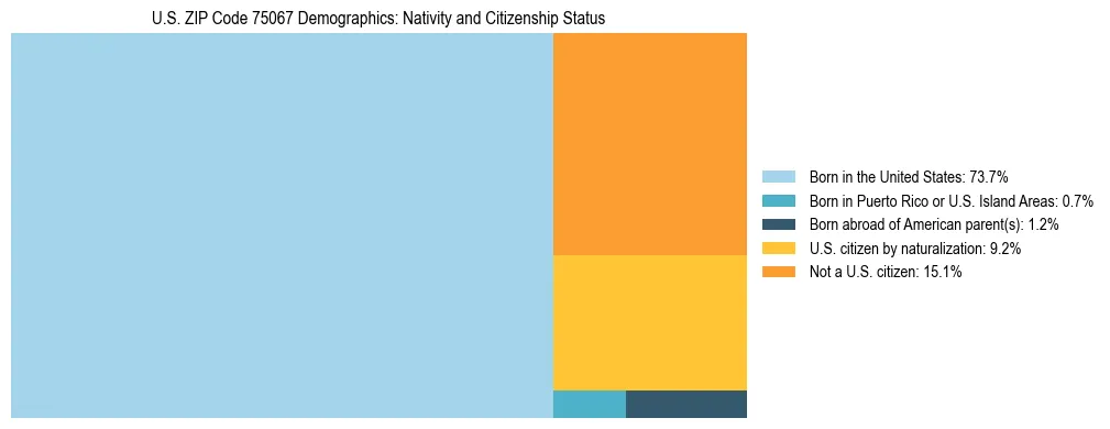 Treemap showing the population distribution by nativity and citizenship status in US ZIP Code 75067 based on U.S. Census data.