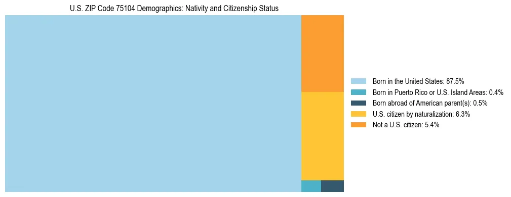 Treemap showing the population distribution by nativity and citizenship status in US ZIP Code 75104 based on U.S. Census data.