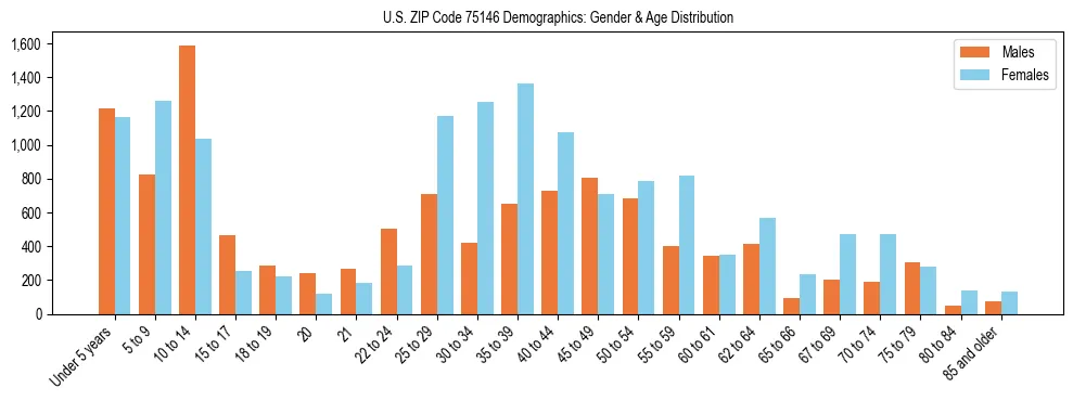 Bar chart showing the population distribution of US ZIP Code 75146 by age group and gender, based on 2023 ACS data.
