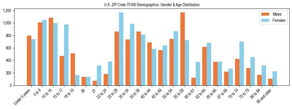 Bar chart showing the population distribution of US ZIP Code 75160 by age group and gender, based on 2023 ACS data.