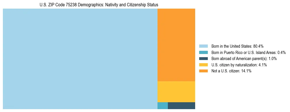Treemap showing the population distribution by nativity and citizenship status in US ZIP Code 75238 based on U.S. Census data.